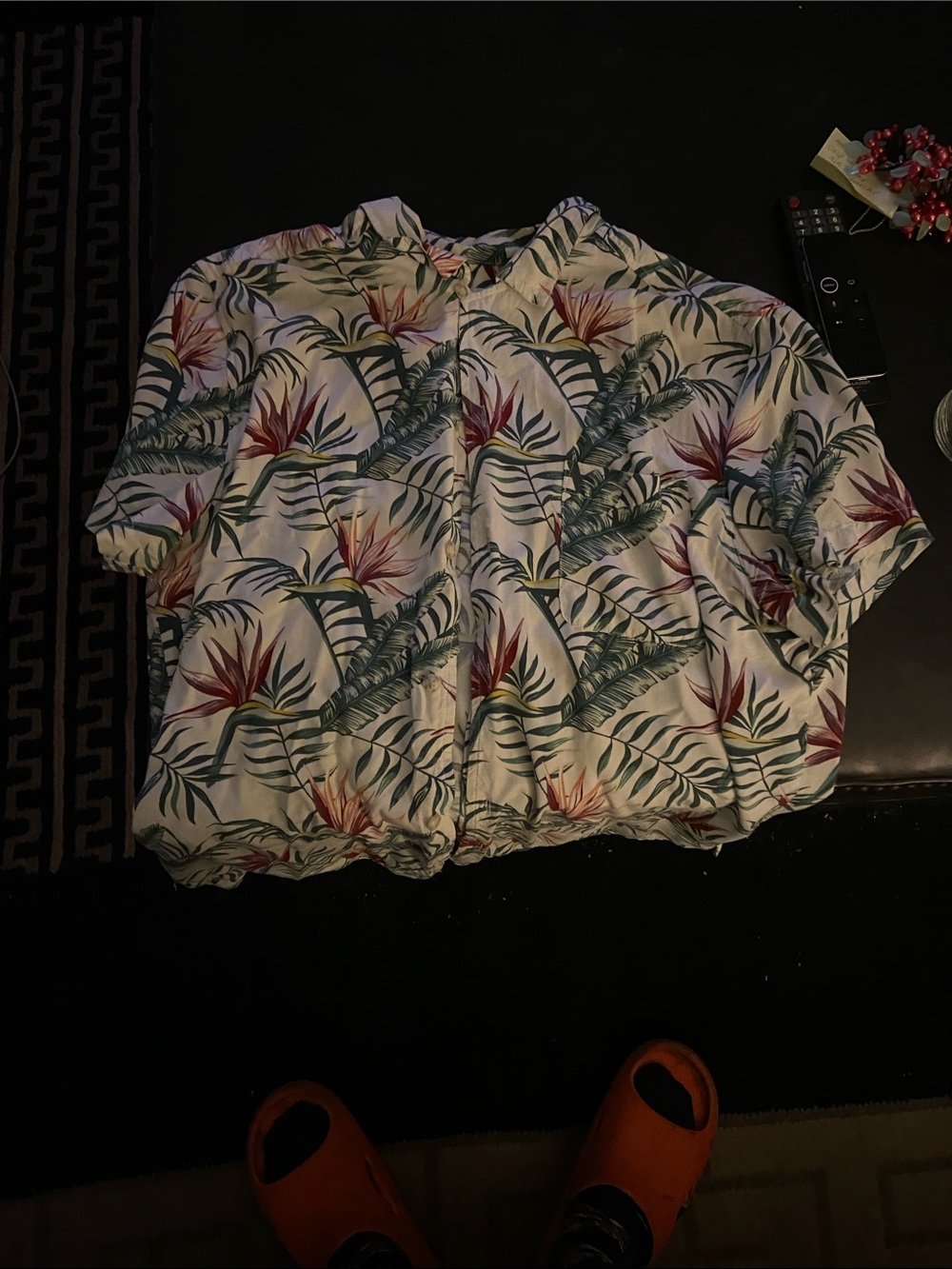 Men’s Short Sleeve Tropical Button-Down Shirt - White with Green & Pink Floral